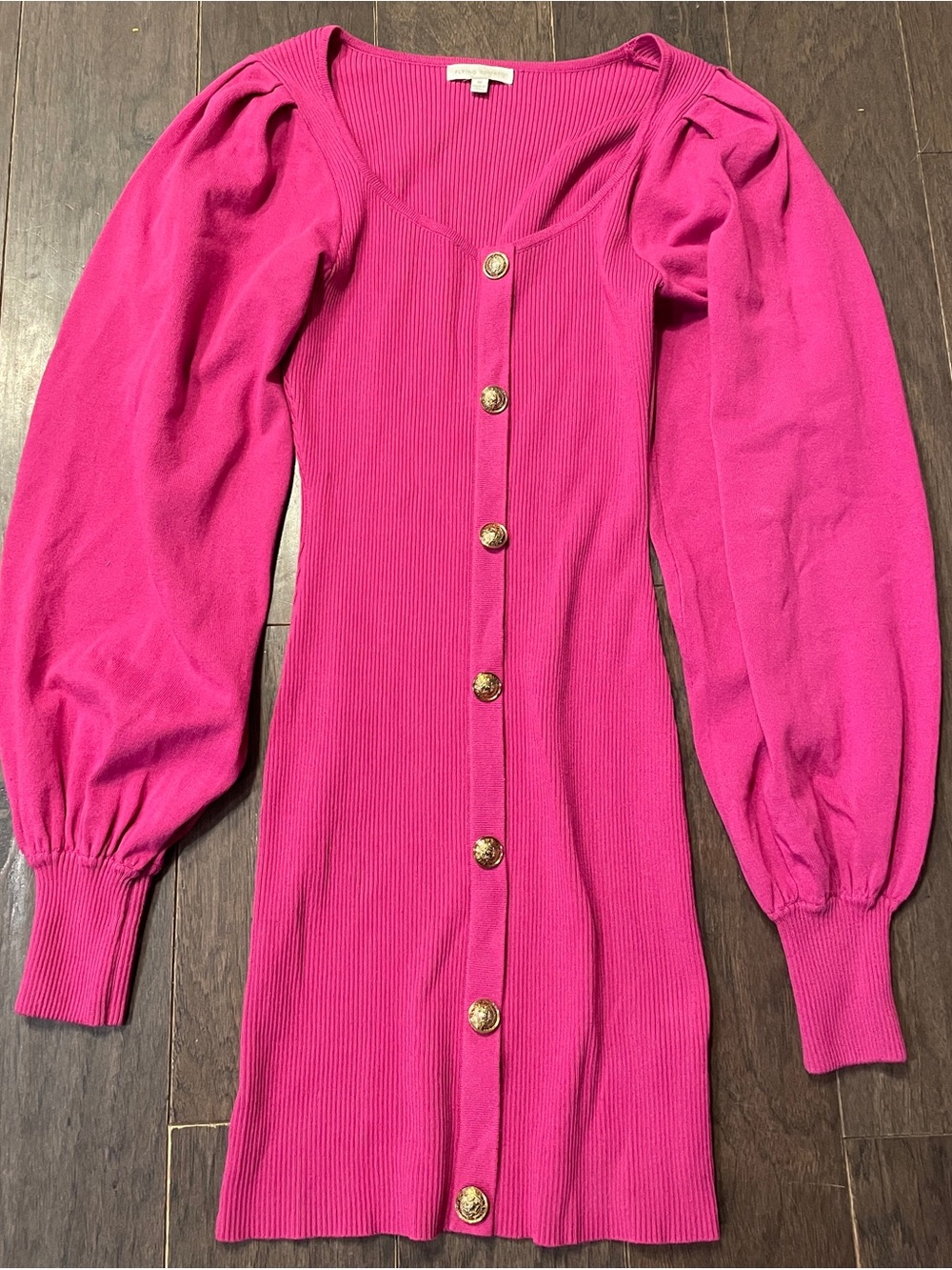 Flying Tomato Knit Holding It Down Sweater Mini Dress Hot Pink Puff Sleeve M - Picture 3 of 9